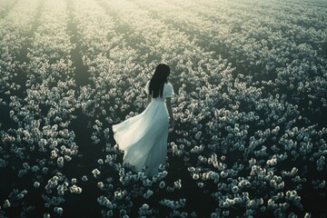 A woman in a white dress walks through a vast field of white flowers at sunrise, a serene and ethereal scene.