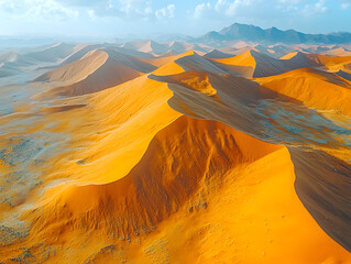Golden Sands of Namib: Aerial view of the majestic Namib Desert, showcasing the breathtaking expanse of towering, golden sand dunes sculpted by wind and time. 