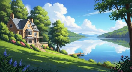 House by Lake with Reflections, Green Lawn and Trees on a Sunny Day