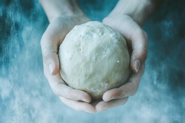 Hands gently cradling a ball of raw dough, dusted with flour, evokes a sense of warmth and baking.