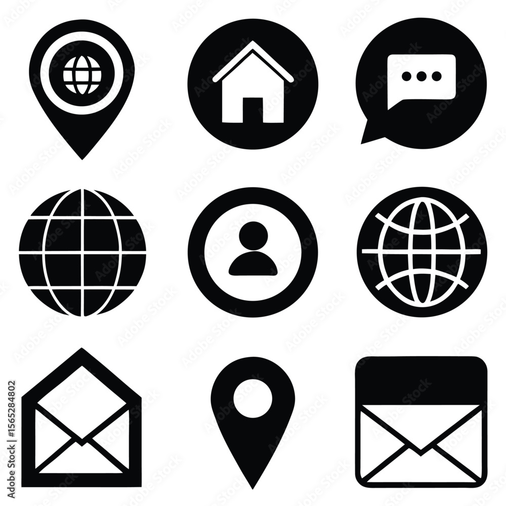 Poster solid and outlined icons for app navigation home location email globe phone in black.
