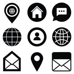 Solid and Outlined Icons for App Navigation Home Location Email Globe Phone in Black.