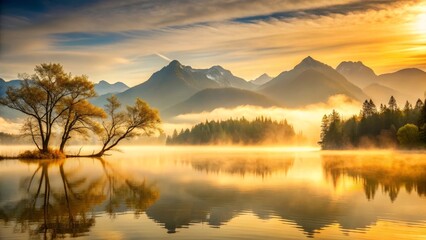 Obraz premium Golden Sunrise Over Serene Lake with Misty Mountains and Solitary Tree Reflection