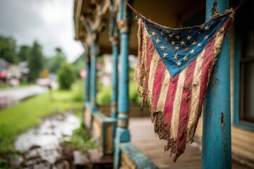 An old american flag hanging from the side of a house