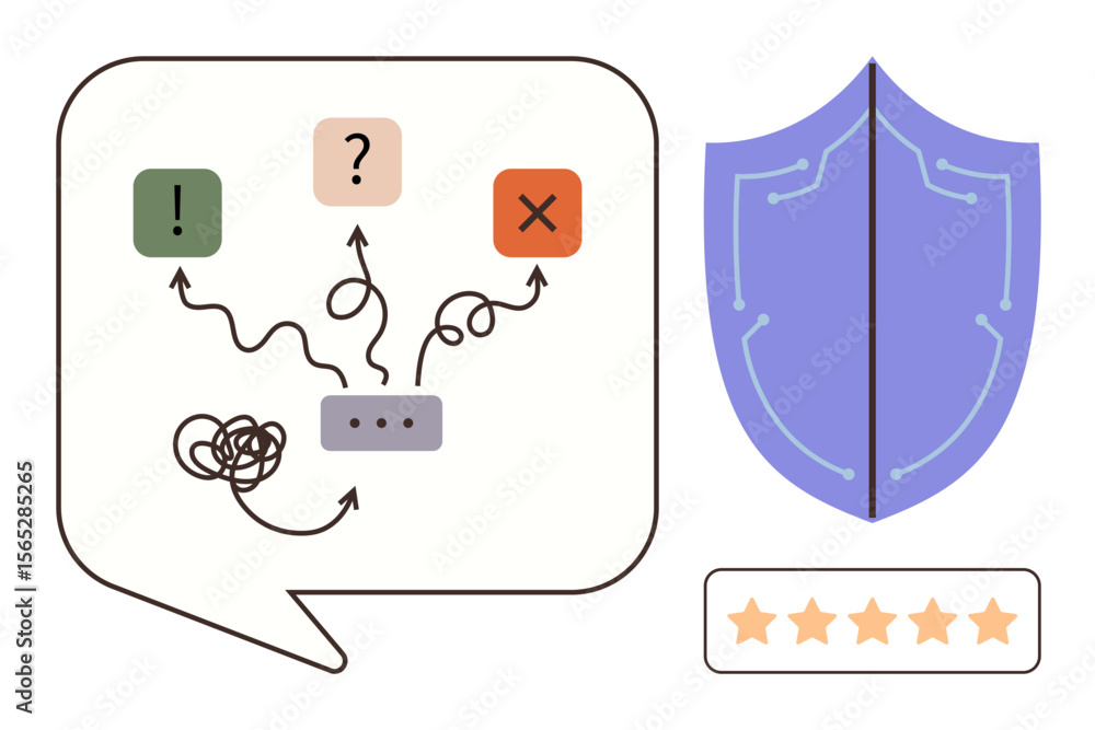 Poster speech bubble with arrows, knot, and decision icons representing problem-solving. shield highlightin