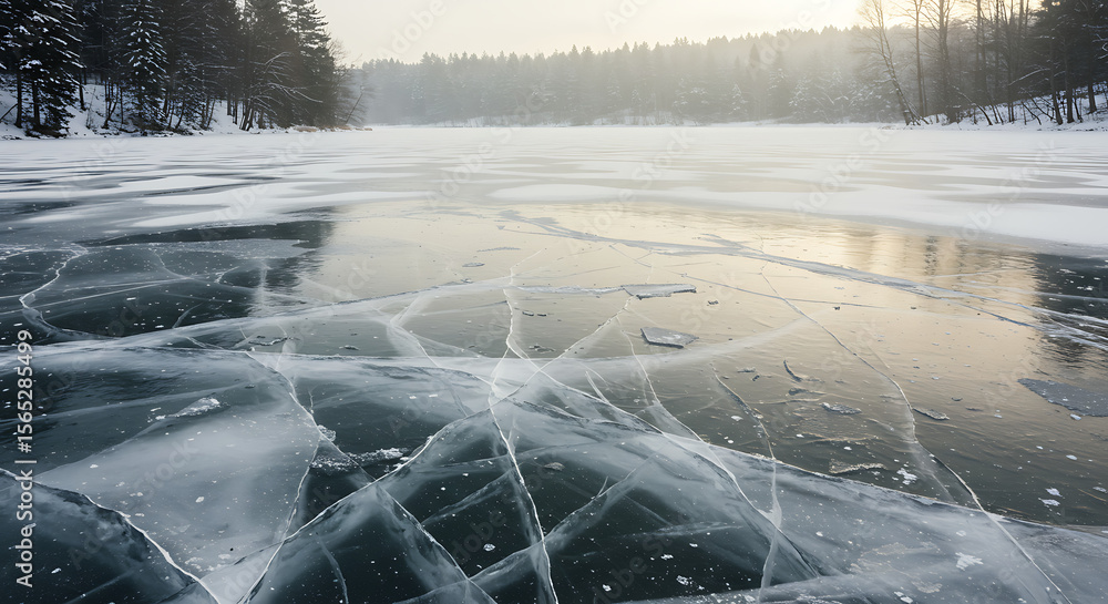 Poster a low-angle view of a frozen lake with a network of cracks across the ice surface. a cold and beauti