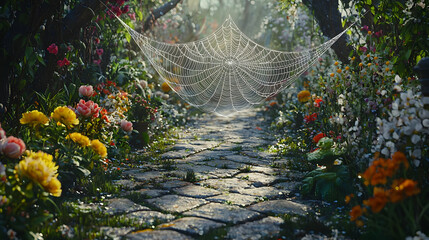 A sun-drenched garden path, lined with vibrant flowers and a large spiderweb