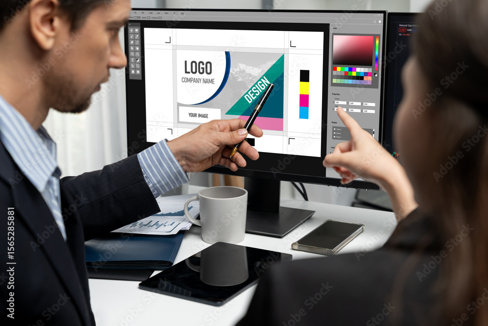 Fototapete Graphic designer software for modern design of web page and commercial brisk ads showing on the computer screen