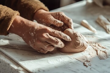 A potter's hands carefully shape a lump of clay, creating an art piece.