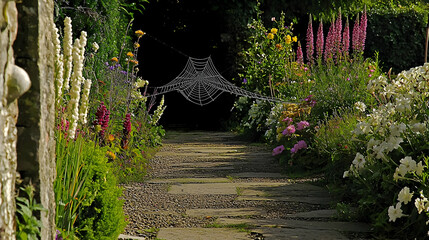 A garden path lined with vibrant flowers, leading to a dark tunnel with a large spiderweb