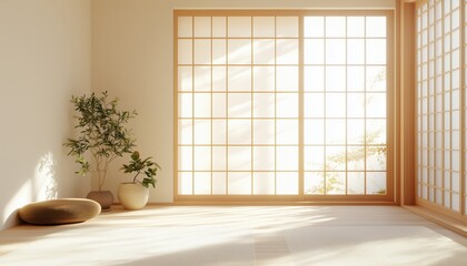 Traditional Japanese Room With Sunlight Illuminating A Sliding Door Made In Japan. Rich In Tradition And Elegance.