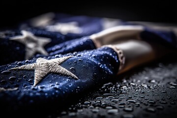 A close up of an american flag with water droplets on it