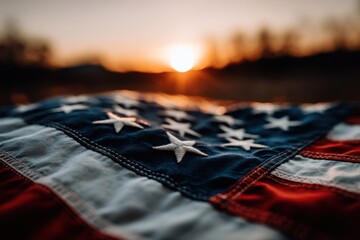 an american flag with the sun setting in the background