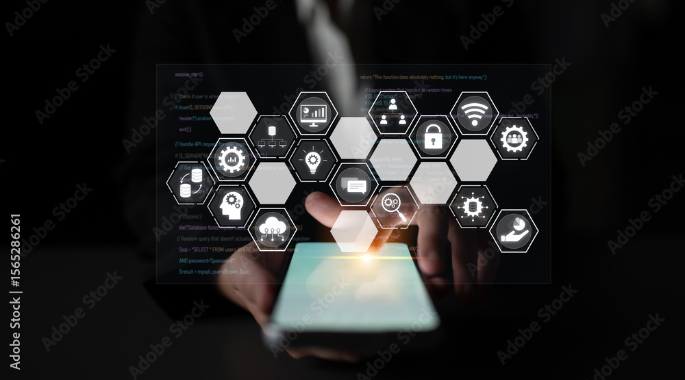 Poster hexagon interface combining ai, data, analytics, and cybersecurity. ai connects systems, data drives