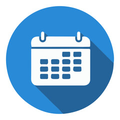 Blue Circular Calendar Icon with Long Shadow. Blue circular calendar icon with long shadow, symbolizing scheduling, events, dates, and time management.
