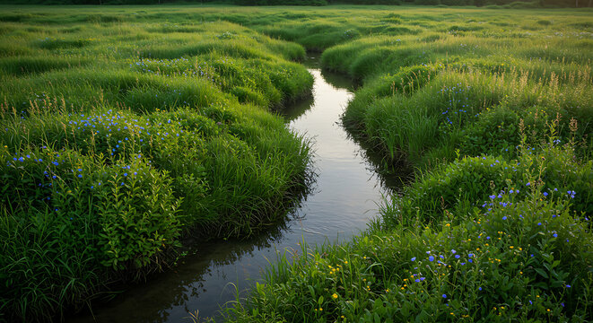 A small, calm stream meanders through a lush green meadow filled with wildflowers. A serene and peaceful landscape representing tranquility and nature's beauty.
