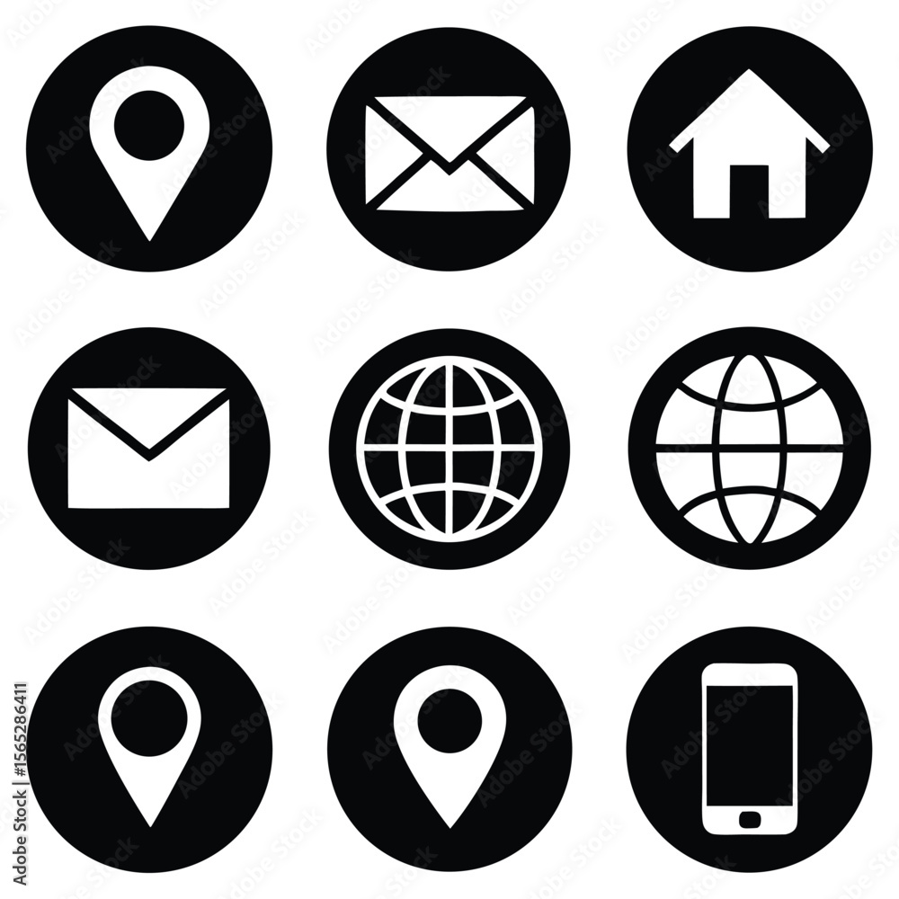 Poster web and app navigation icons black home location globe email phone in grid.
