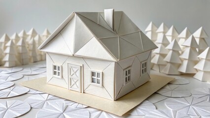 Delicate white origami house surrounded by paper trees and snowflakes