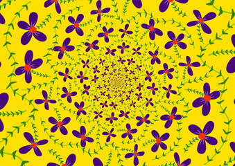 A vibrant, swirling pattern of flowers and green vines, creating a dazzling and hypnotic floral design.