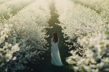 Woman in white dress walking through a blossoming cherry tree pathway, bathed in sunlight.