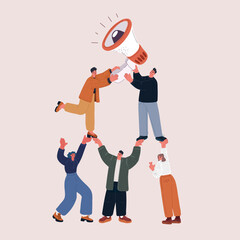 Cartoon vector illustration of people lifting a speaker to amplify one voice as a symbol of collective advocacy