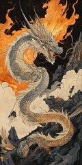 Fototapeta premium Dragon Art with Fire and Clouds