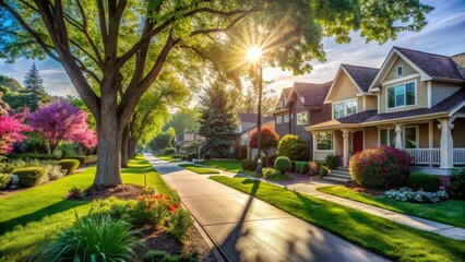 Sunlit Suburban Street Scene with Lush Landscaping and Charming Homes