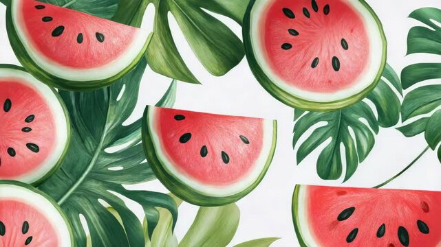Colorful  of watermelons on a green background with palm leaves and fruits.