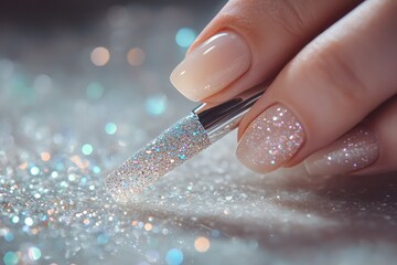 Close-up of elegant nails adorned with delicate, shimmering glitter, a perfect touch of sparkle and sophistication.