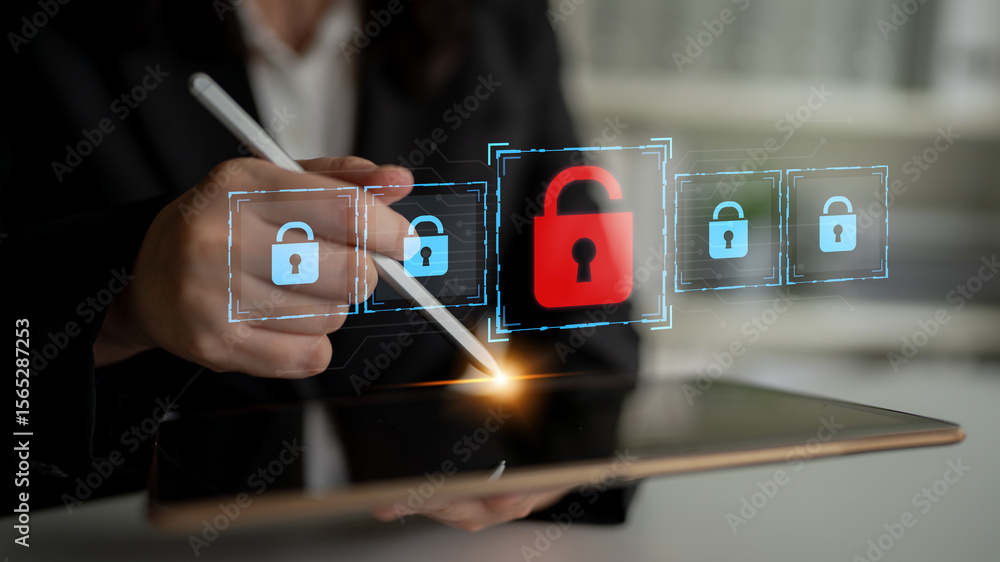 Poster digital security concept illustrating a cybersecurity breach, with a red unlocked padlock indicating