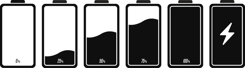 Battery charge level vector icons, Power level indicator for app or UI, Transparent PNG and vector illustration.