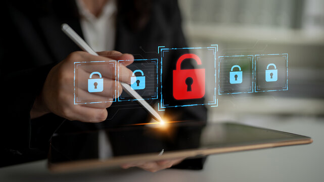 Digital security concept illustrating a cybersecurity breach, with a red unlocked padlock indicating data exposure among secure systems, emphasizing system vulnerability and risk Latch - Powered by Adobe