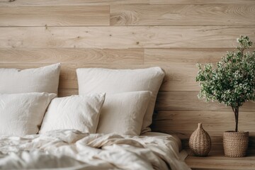 A bed with white sheets and pillows next to a plant