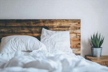 A bed with white sheets and pillows next to a potted plant