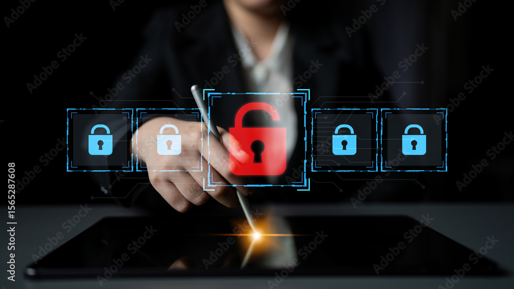 Poster digital security concept illustrating a cybersecurity breach, with a red unlocked padlock indicating