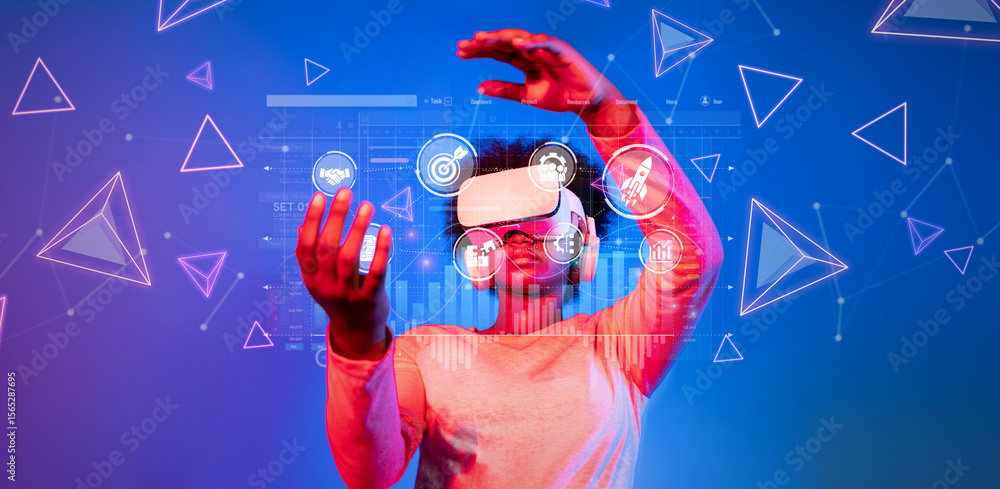 Poster a business professional engages with virtual reality technology to explore data analytics and market