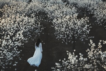 A woman in a white dress walks among blooming cherry trees, a serene and beautiful scene.