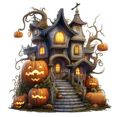 Obraz premium Spooky Halloween Haunted House with Glowing Pumpkins