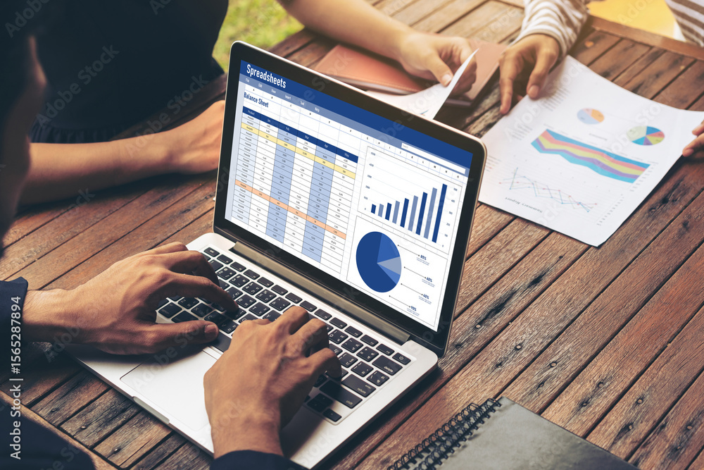 Poster spreadsheet document information financial startup concept. data and graphs in spreadsheet documents