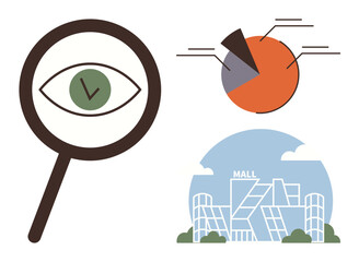 Magnifying glass with eye, orange pie chart with segments, modern shopping mall architecture. Ideal for market research, data analytics, business strategy, consumer behavior, retail growth, insights