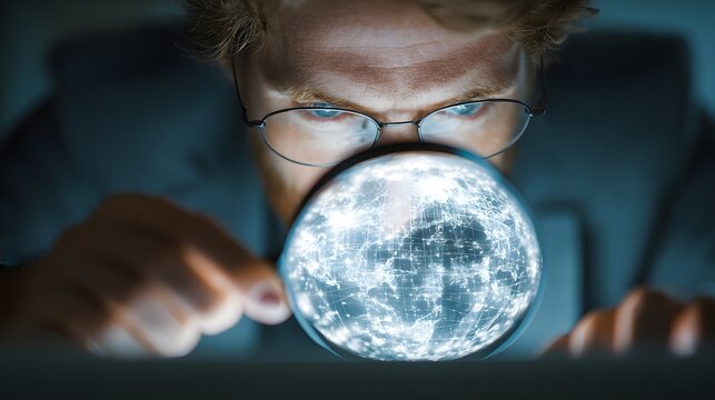 Visionary Man Analyzing Global Data with Magnifying Glass