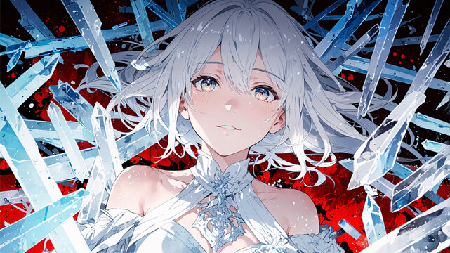 A portrait of a silver-haired anime woman with blue eyes, surrounded by sharp, crystalline shards against a stark red background