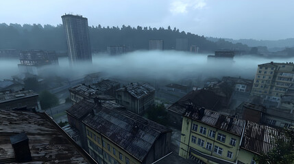 Foggy cityscape view of an abandoned town.  Rooftops, buildings, and tall structures are visible through a thick, pale fog.  Dense forest sits atop a hill in the distance