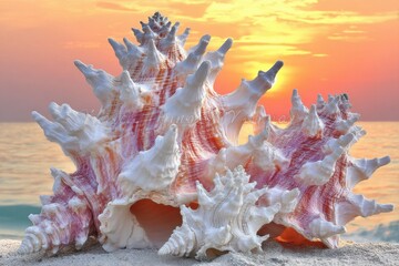 Obraz premium A large conch shell on the beach at sunset