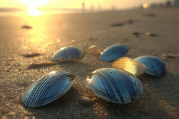 A group of blue and white shells on a sandy beach