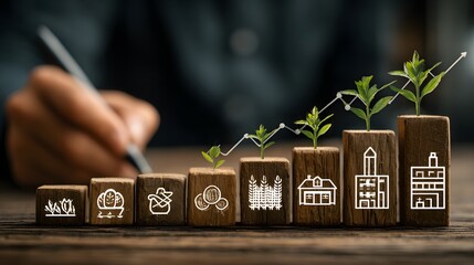 Sustainable Growth Concept: Wooden Blocks, Plants, and Business Icons