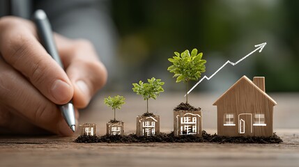 Real Estate Growth: House Models and Growing Plants, Upward Arrow