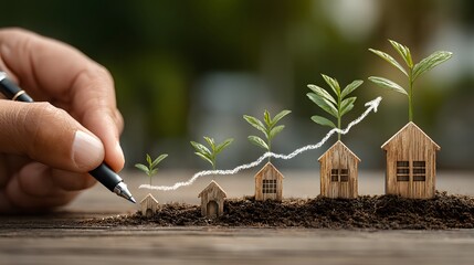 Real Estate Investment: Hand Drawing Growth Arrow on Miniature Houses