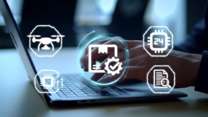 Laptop Typing with Delivery and Drone Icons Technology Logistics Concept - Powered by Adobe