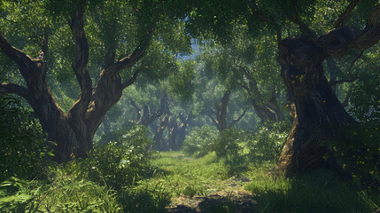 Lush, sun-drenched forest path lined with ancient trees.  Sunlight filters through dense foliage.  Peaceful, verdant scene